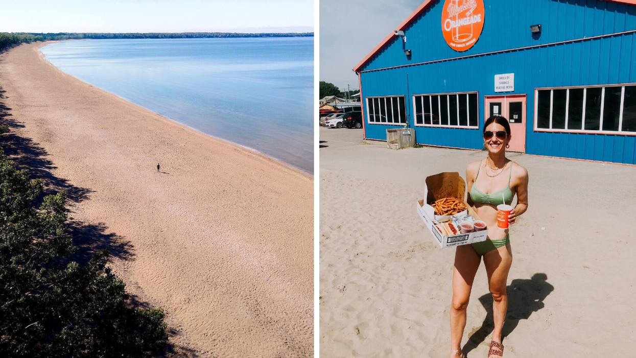 Sandy shoreline of Sandbanks Provincial Park beach, Ontario. Right: Food from Mackie's in Port Stanley.