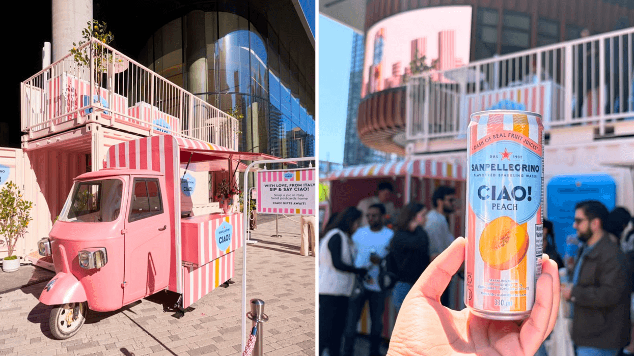 Sanpellegrino Ciao! branded pink pop-up with a striped kiosk and three-wheeled vehicle. Right: Hand holding a can of Sanpellegrino Ciao! Peach at an outdoor brand activation event.