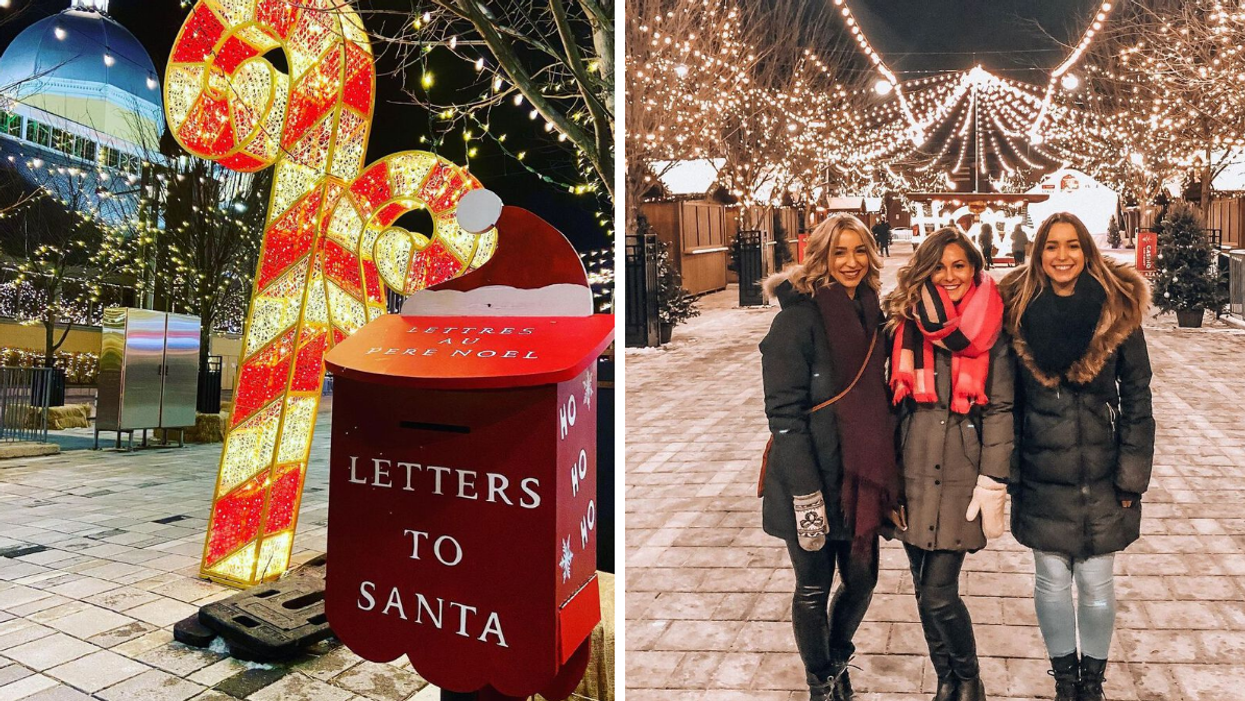 Santa mailbox and a candy cane display. Right: Women at the Ottawa Christmas Market surrounded by lights.