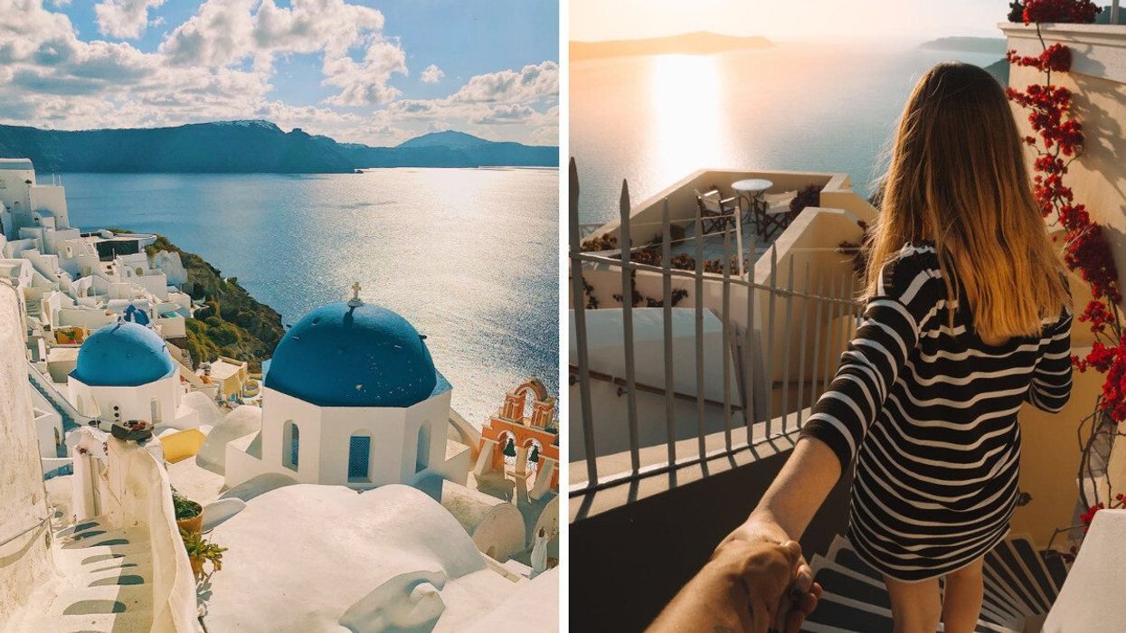 Santorini, Greece. Right: A couple hold hands in Santorini.