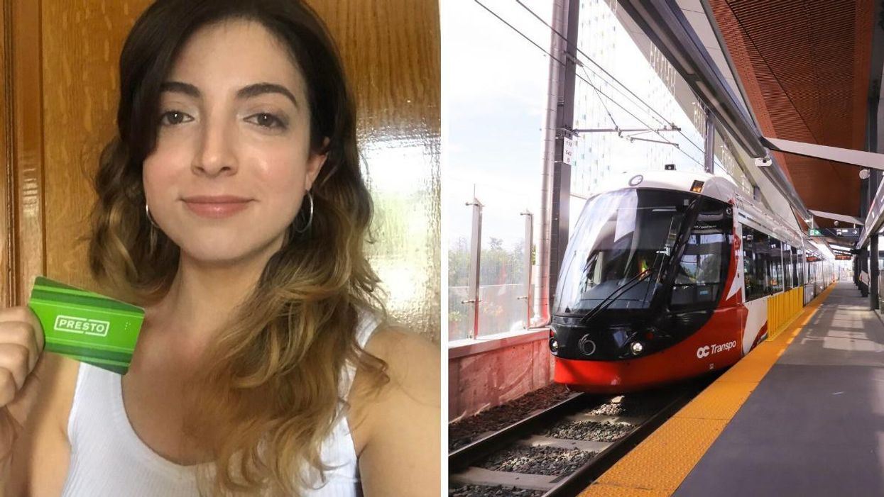 Sarah Crookall. Right: OC Transpo train.