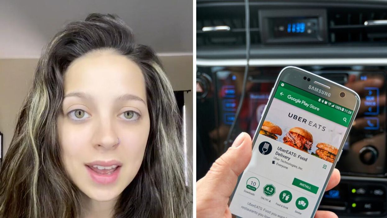 Sarah explaining her story in a TikTok video. Right: Uber Eats app on a cellphone.