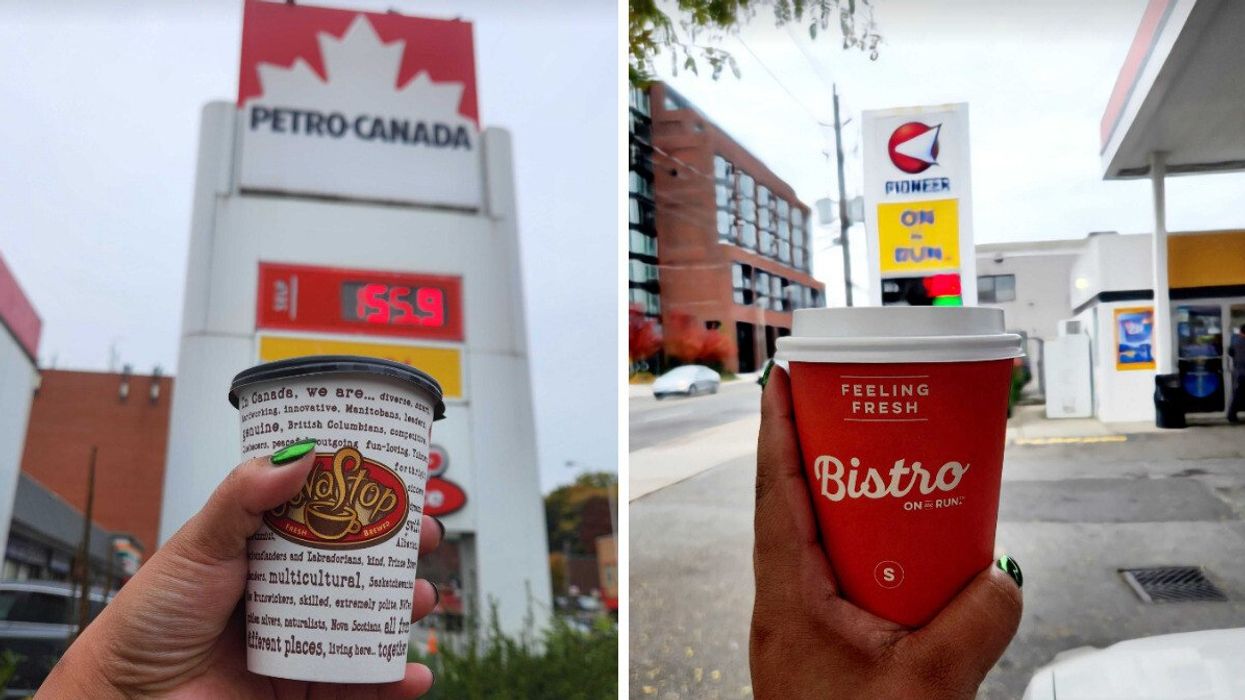 Sarah holding a coffee from Petro Canada. Right: Sarah holding a coffee from Pioneer.