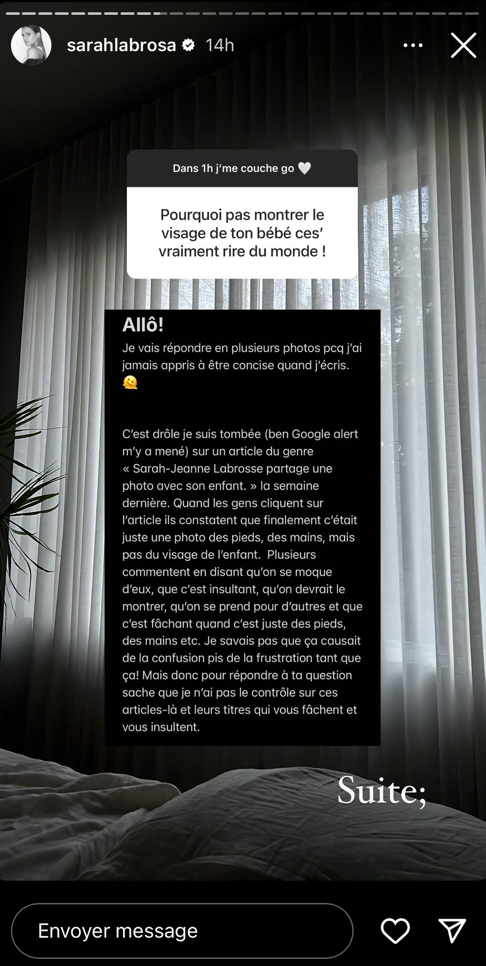 Sarah-Jeanne Labrosse parle de son b\u00e9b\u00e9.