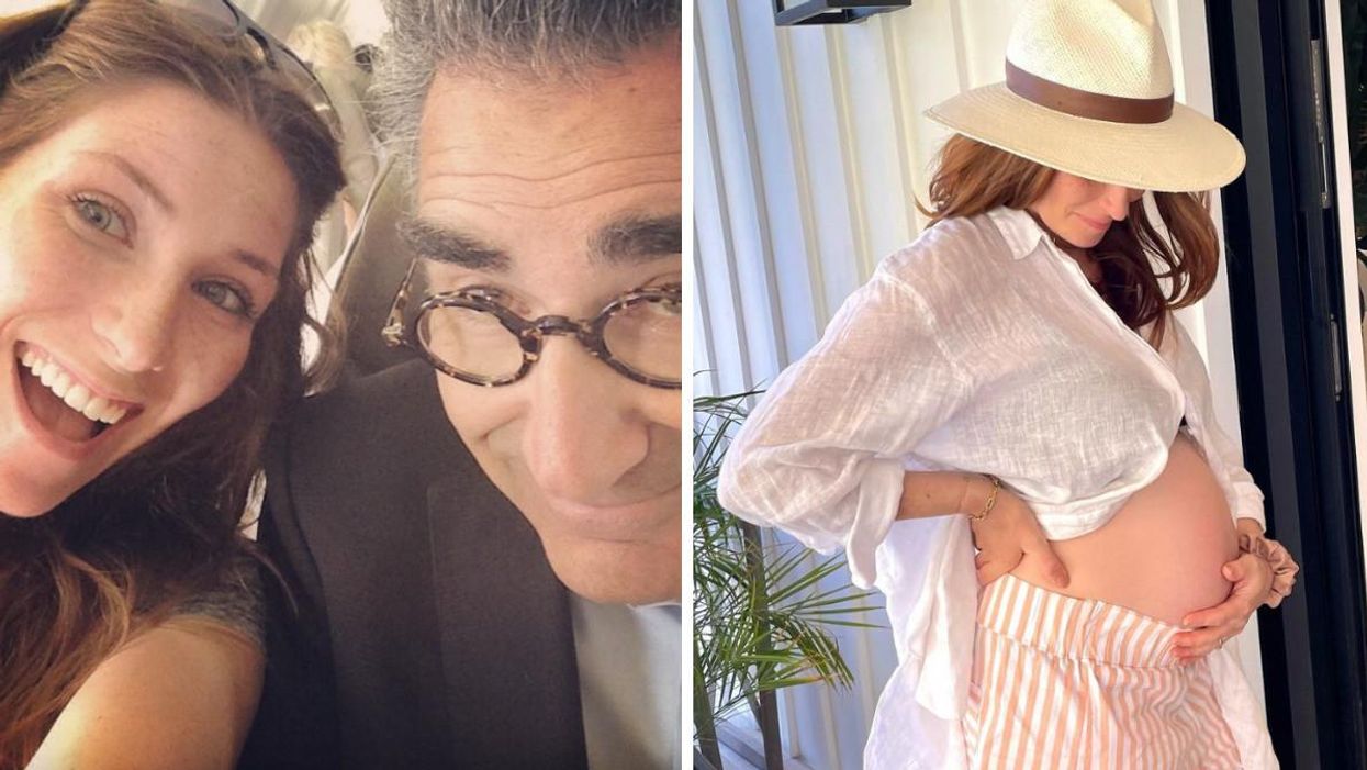 Sarah Levy and Eugene Levy. Right: Sarah Levy holding her pregnant belly.