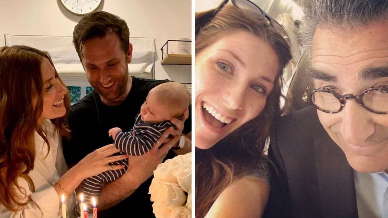Sarah Levy with her husband Graham Outerbridge and their son. Right: Sarah Levy with her father Dan Levy.