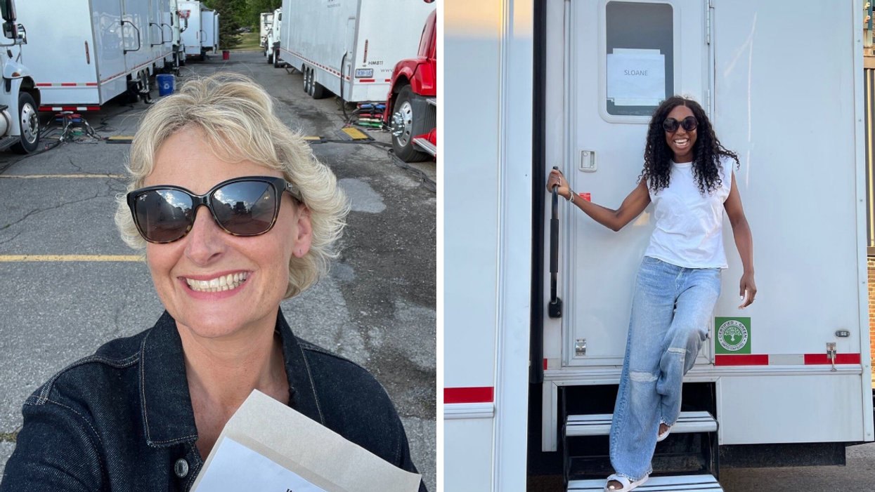 Sarah McVie and Enuka Okuma on the set of "Workin' Moms."