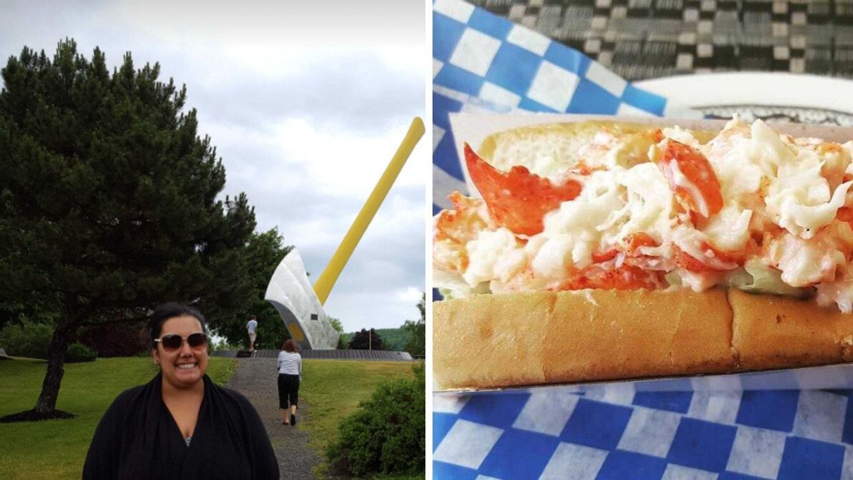Sarah Rohoman at the world's largest axe in New Brunswick. Right: A lobster roll.