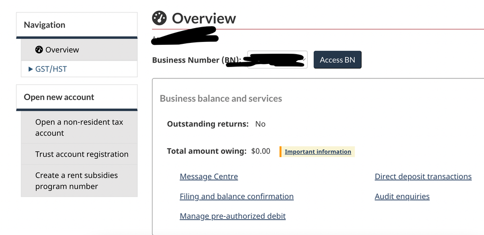 Sarah's CRA Business Account.