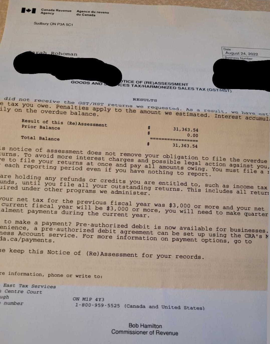 Sarah's letter from the CRA.