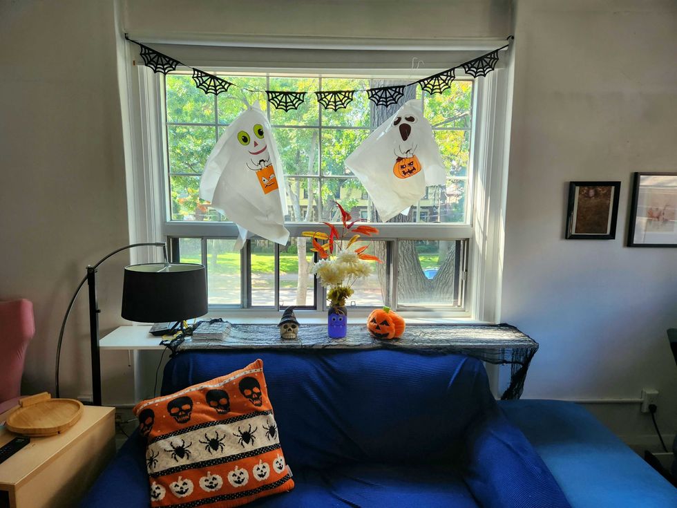 Sarah's living room after the Dollarama home decor upgrade.