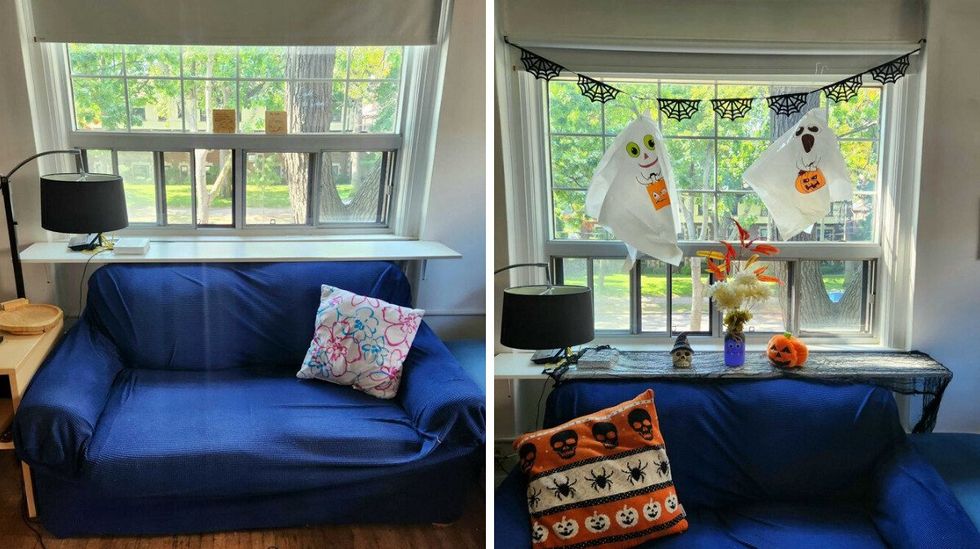 Sarah's living room before Halloween decor and after Halloween decor.