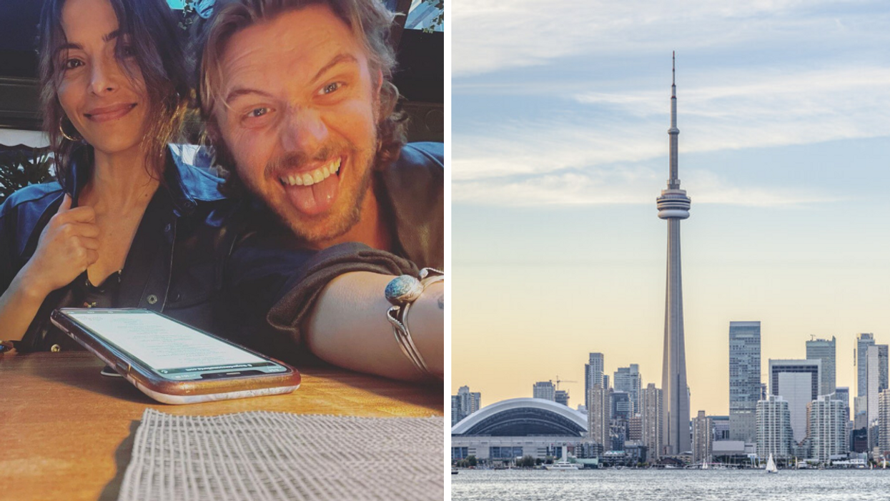 Sarah Shahi and Adam Demos. Right: CN Tower.