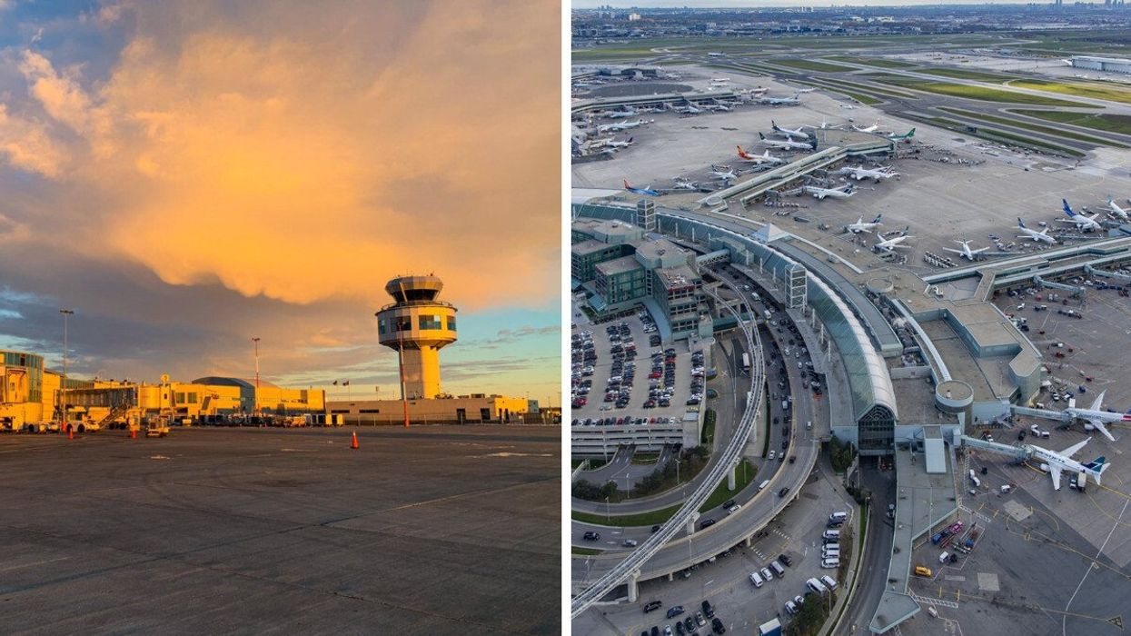 Saskatoon John G. Diefenbaker International Airport. Right: Planes at Toronto Pearson Airport.