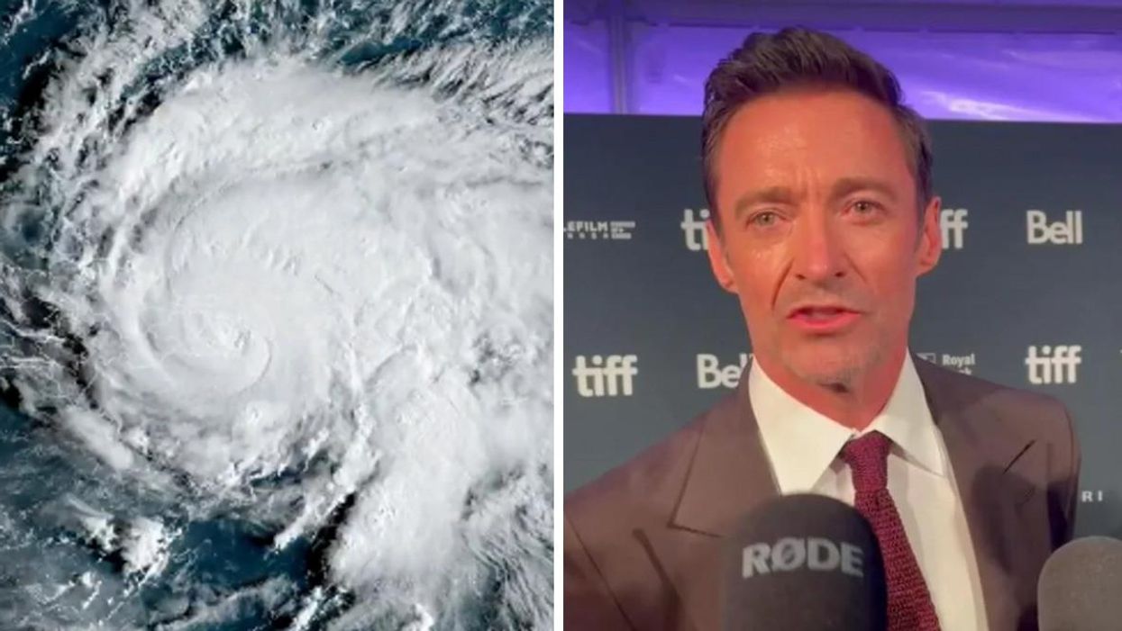 Satellite image of Hurricane Fiona over Puerto Rico. Right: Actor Hugh Jackman at TIFF.
