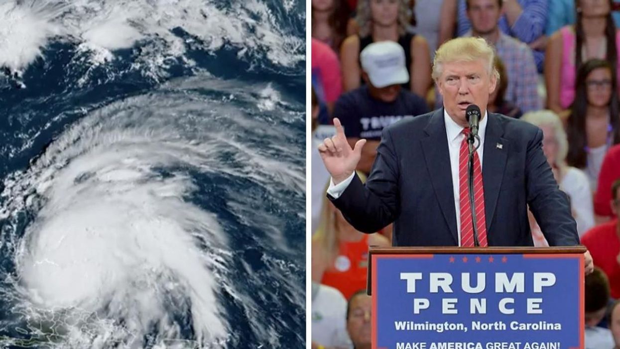 Satellite image of Hurricane Fiona. Right: Former U.S. President Donald Trump at a campaign event.