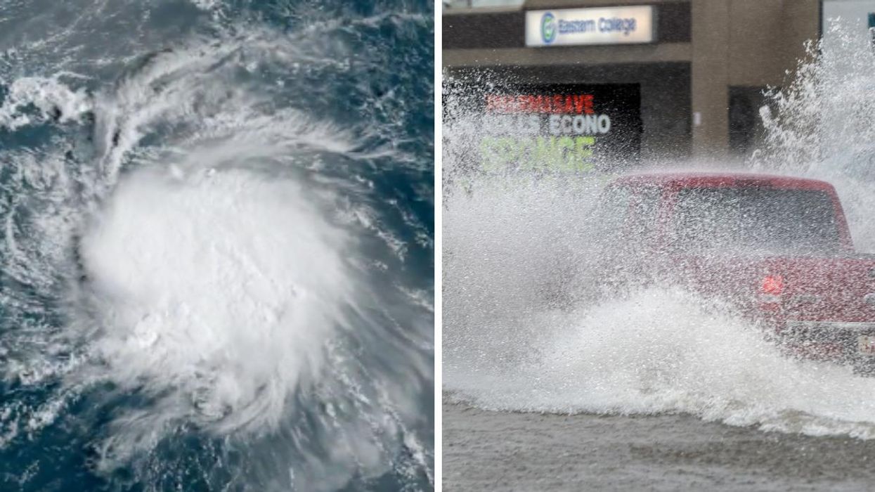 Satellite image of Hurricane Fiona. Right: Pick-up truck driving through a flooded street in New Brunswick during Hurricane Dorian.