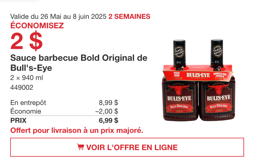 Sauce barbecue Bold Original de Bull's-Eye dans la circulaire du Costco.