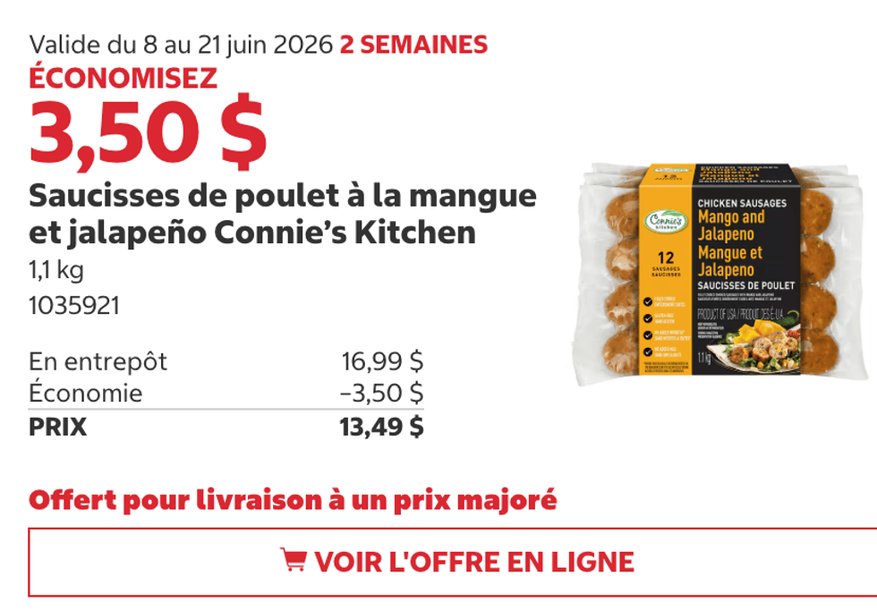 Saucisses de poulet mangue et jalape\u00f1o Connie\u2019s Kitchen au Costco.