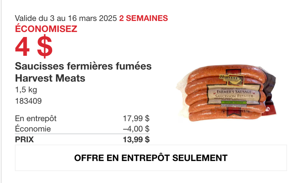 Saucisses fermi\u00e8res fum\u00e9es Harvest Meats dans la circulaire du site de Costco.