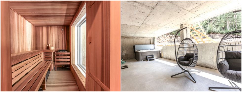 Sauna. Droite : Spa et chaises de d\u00e9tente.