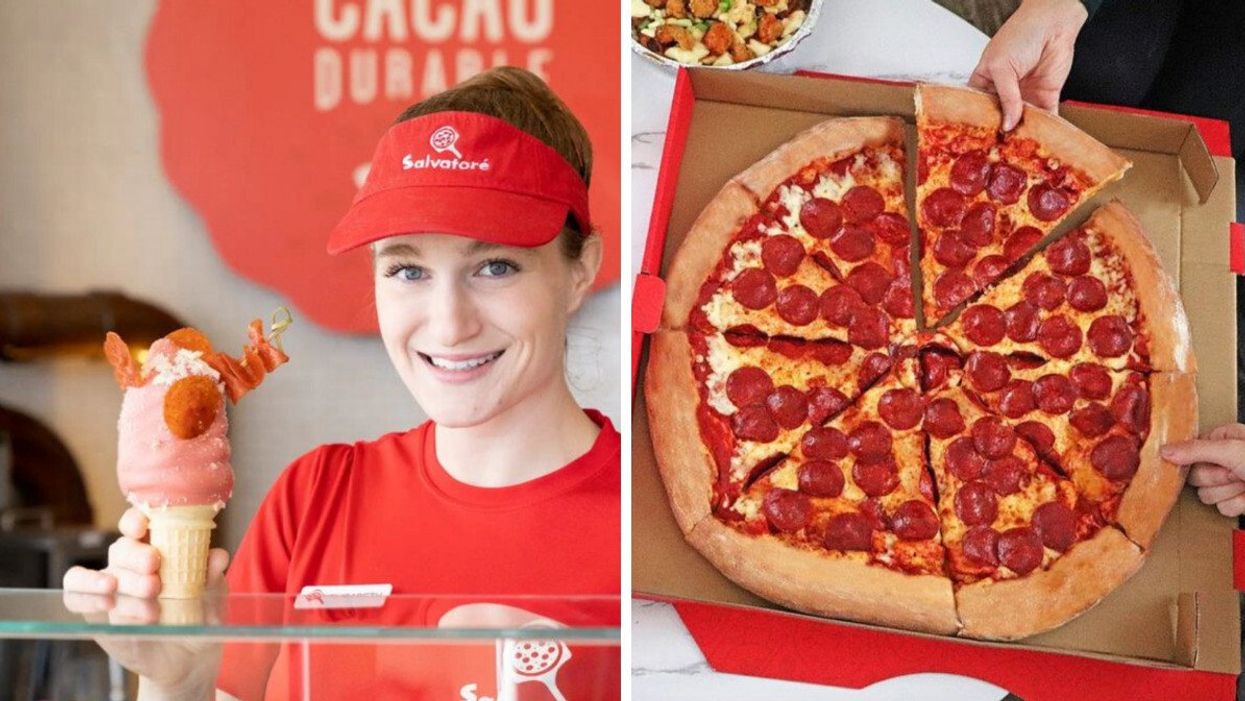 Saveur Choco-Pizza du Chocolats Favoris et Pizza Salvatore. Droite : Pizza.