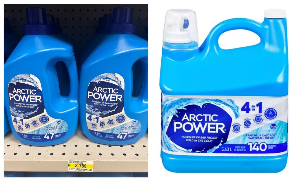 Savon \u00e0 lessive Arctic Power au Dollarama. Droite : Savon \u00e0 lessive Arctic Power sur le site du Walmart.