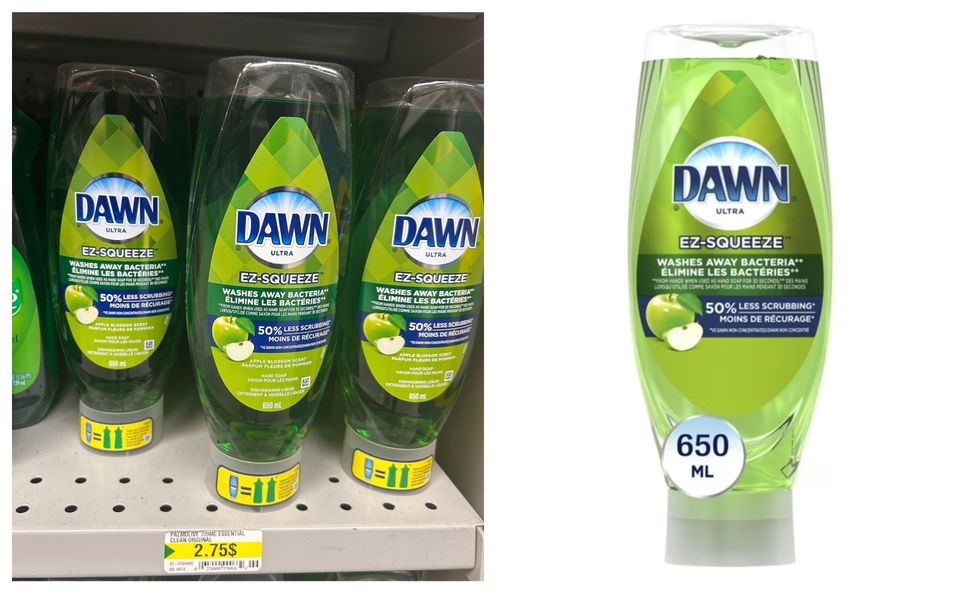 Savon \u00e0 vaisselle Dawn Ez-Squeeze au Dollarama. Droite : Savon \u00e0 vaisselle Dawn Ez-Squeeze sur le site du Walmart.