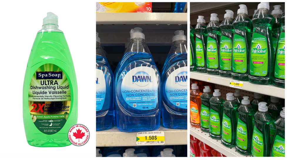 Savon \u00e0 vaisselle liquide SpaSoap Ultra, 887 mL. Milieu : Savon \u00e0 vaisselle liquide Dawn. Droite : Savon \u00e0 vaisselle liquide Palmolive.