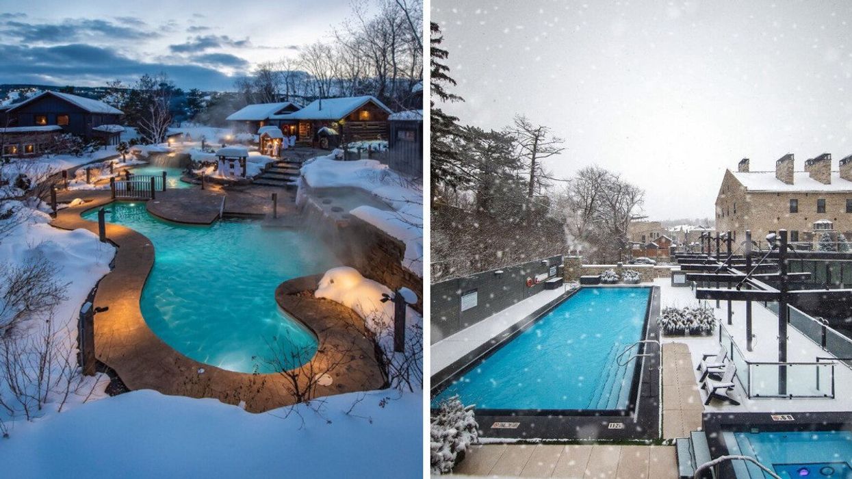 Scandinave Spa Blue Mountain. Right: Elora Mill Hotel & Spa.