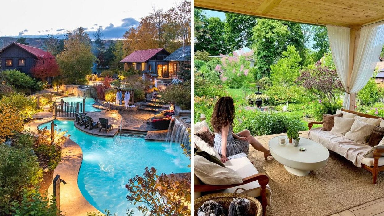 Scandinave Spa Blue. Right: Madeline sitting by a garden.