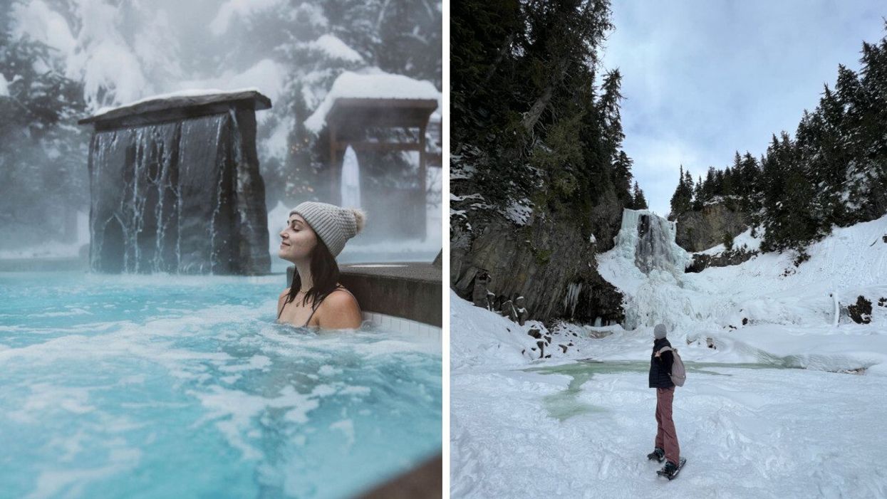 Scandinave Spa in Whistler. Right: Person at Alexander Falls.