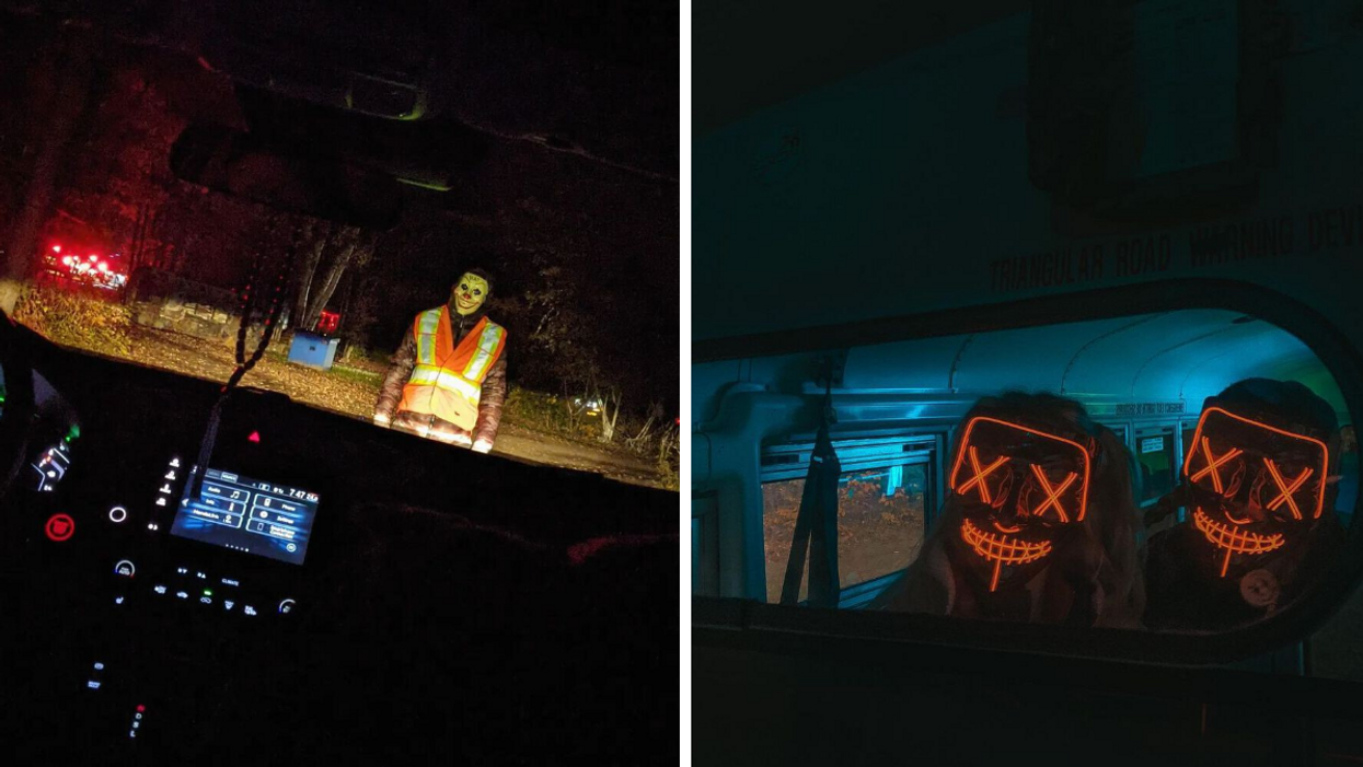 Scary clown in Wesley Clover Parks. Right: Glowing skeleton faces inside a car.