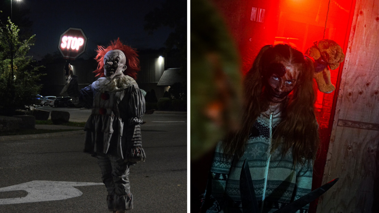 Scary clown with a stop sign. Right: Bloody scare actor at Bingemans Screampark in Ontario.