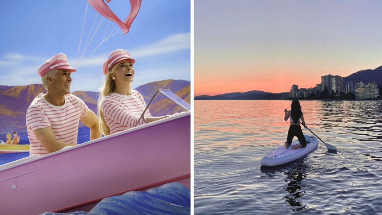 Scène du film Barbie. Droite: Une femme sur un paddle board Maddle.