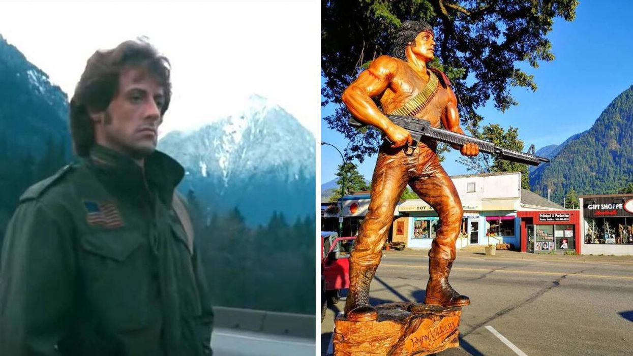 Scene in 'Rambo: First Blood" Right: Rambo statue in Hope, B.C.