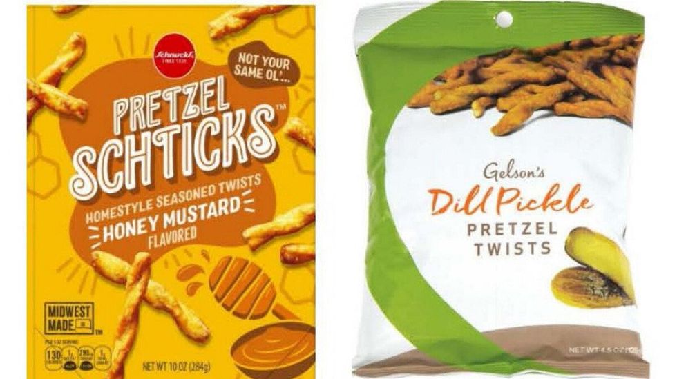Schnucks' recalled Honey Mustard Pretzel Schticks. Right: Gelson's recalled Dill Pickle Pretzel Twists.