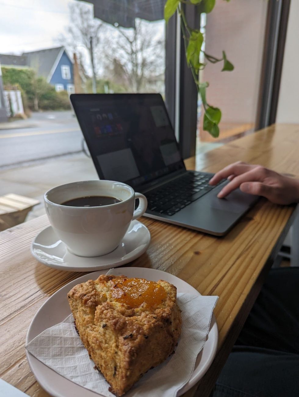 Scone and coffee at Guilder Cafe, Portland.