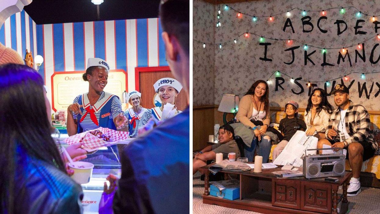 Scoops Ahoy employees. Right: Set of Byer's living room.