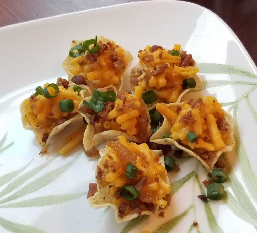 Scoops with Kraft Dinner, bacon and green onion.