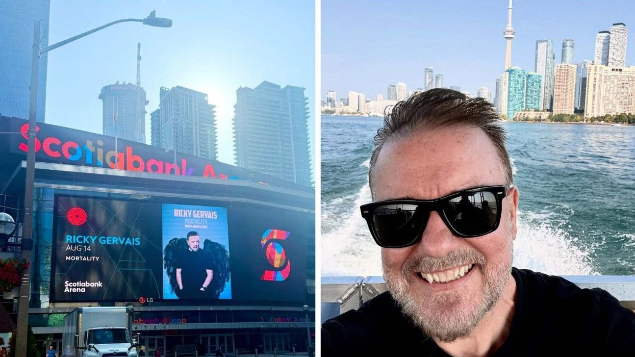 Scotiabank Arena with a poster for Ricky Gervais' show. Right: Ricky Gervais smiling on the way over to the Toronto Islands.