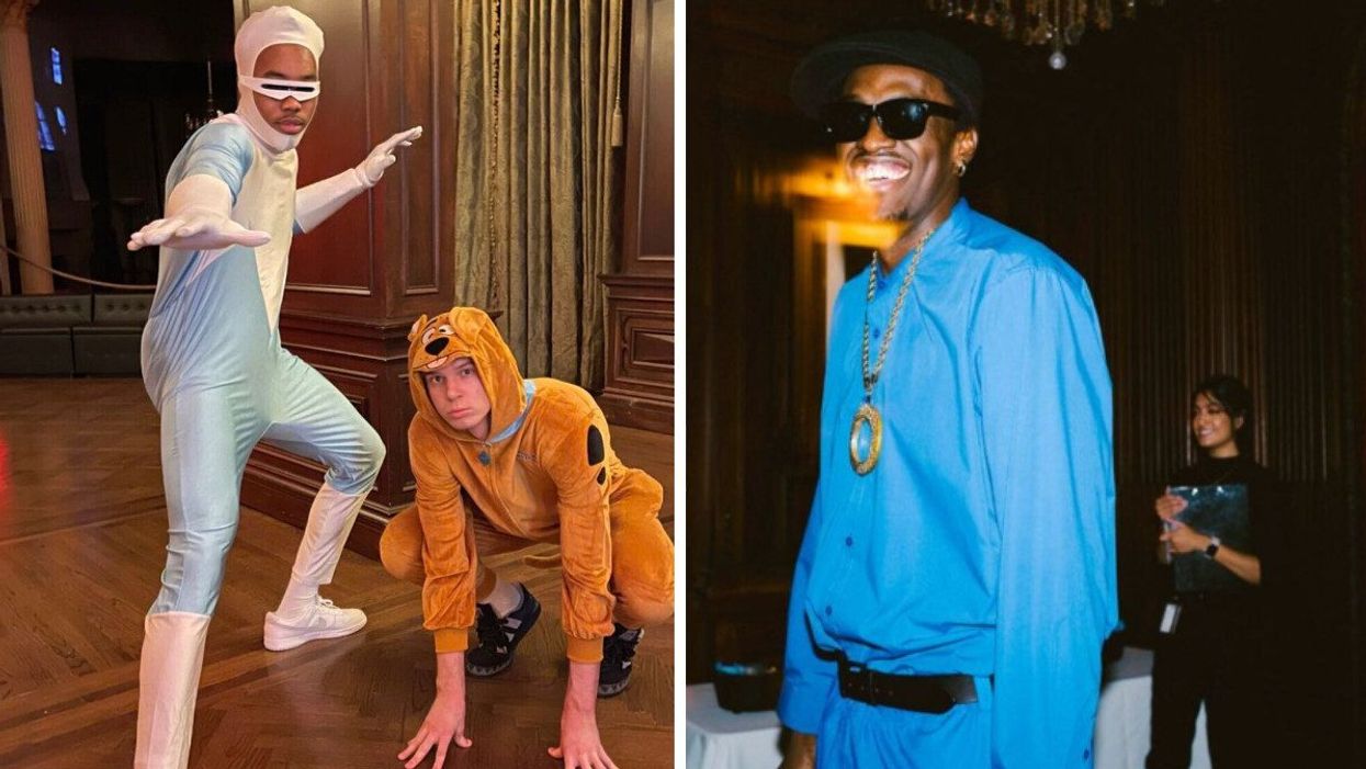 Scottie Barnes and Gradey Dick in Halloween Costumes. Right: Pascal Siakam in a Halloween costume.