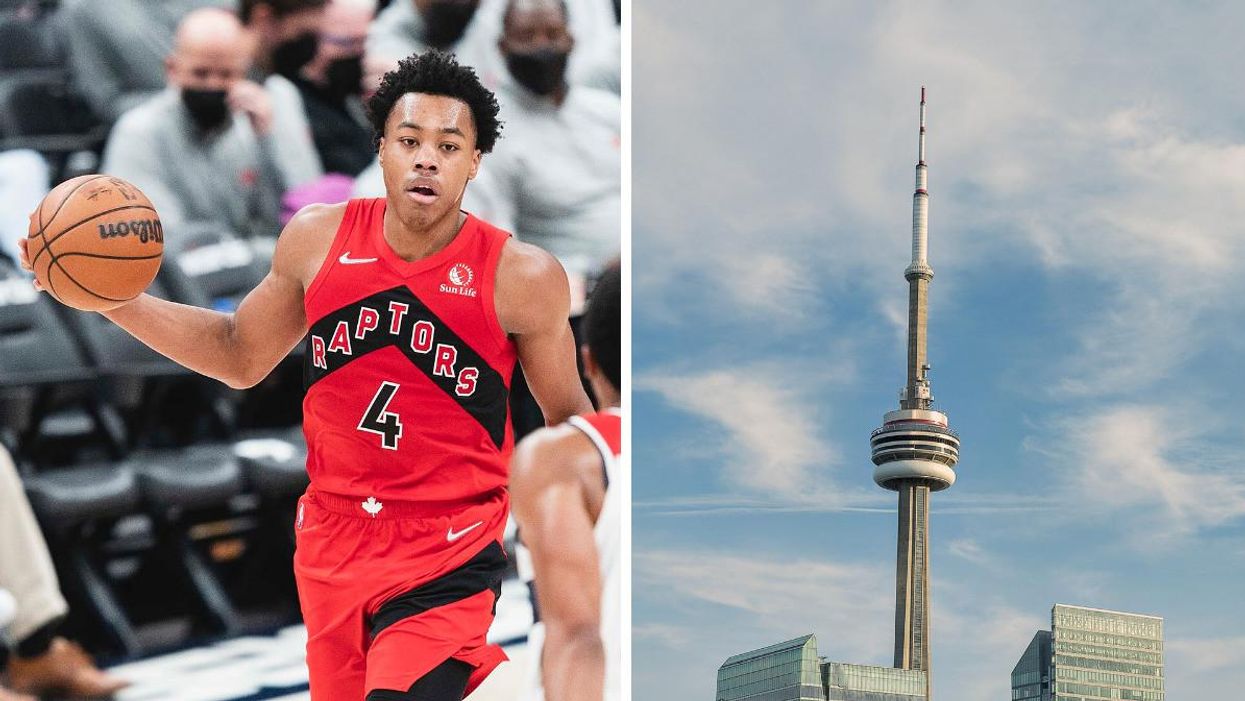 Scottie Barnes in a Toronto Raptors jersey. Right: CN Tower.