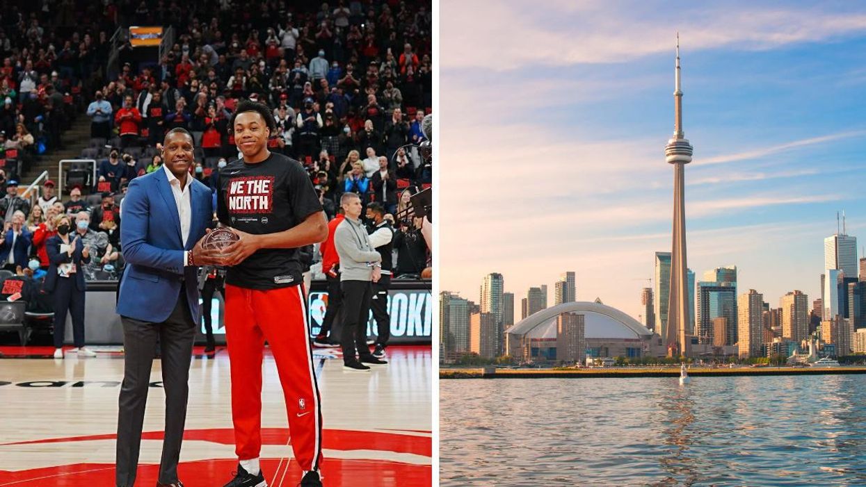 Scottie Barnes. Right: CN Tower.