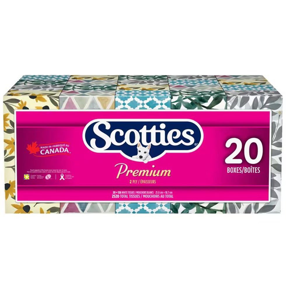 Scotties Premium 2-ply facial tissues, 20 boxes