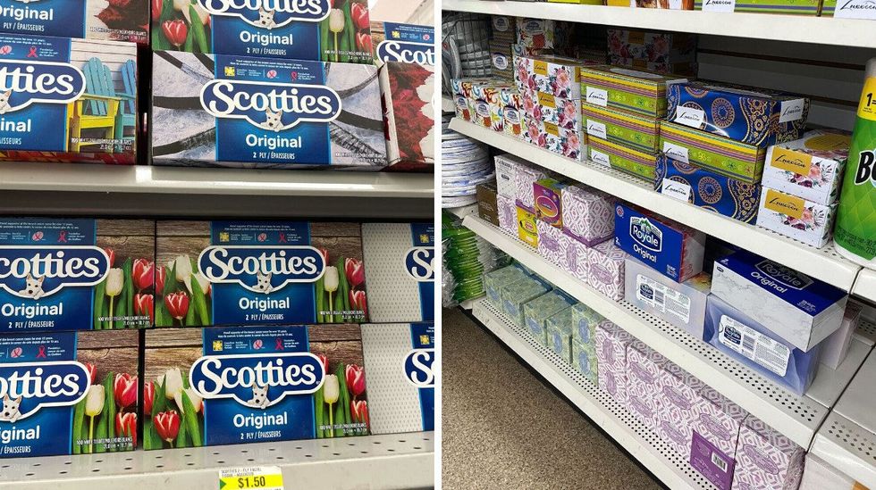 scotties tissue boxes on shelves at dollarama. right: royale tissue boxes on shelves at dollar tree