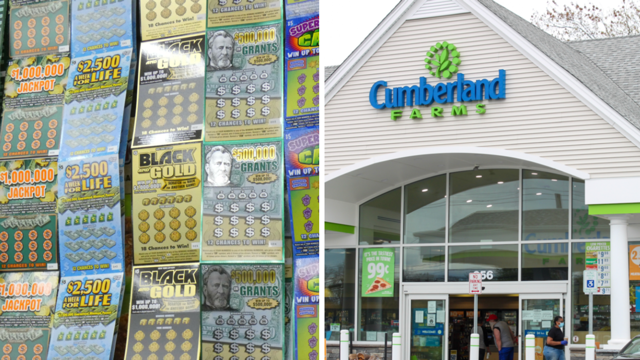 Scratch-off tickets. Right: Cumberland Farms convenience store.