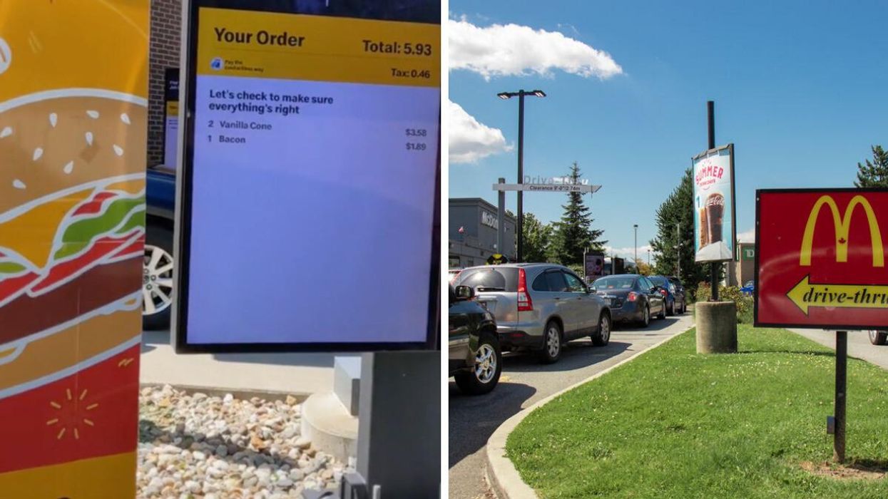 Screenshot from TikTok. Right: Cars lined up at a McDonald's drive-thru.