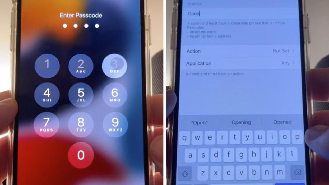 Screenshot of a locked iPhone screen. Right: A screenshot of someone setting up the unlock voice feature.