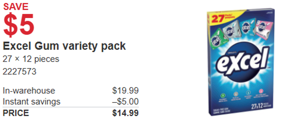 screenshot of Excel Gum variety pack from Costco